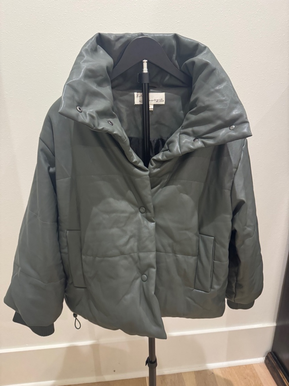Vintage Havana Faux leather Olive Green Quilted Puffer Jacket